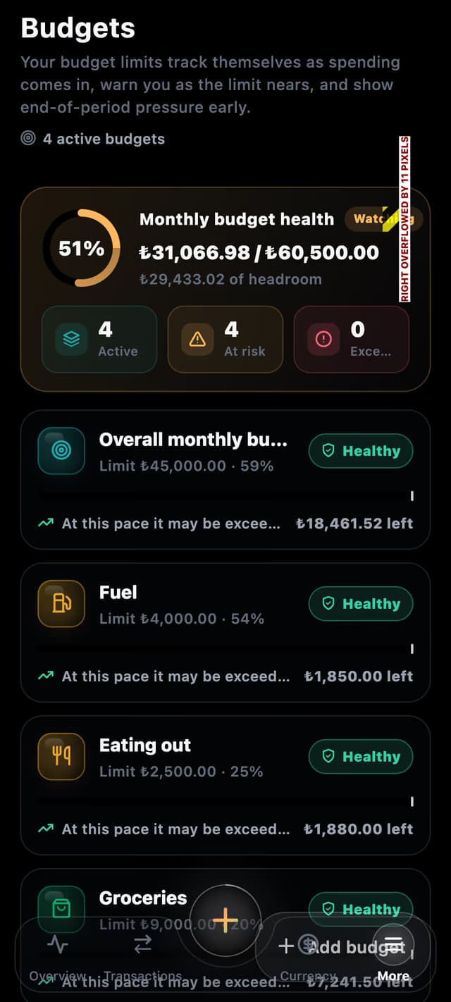 ParaNabız Budgets screen: monthly overall budget and category limits.