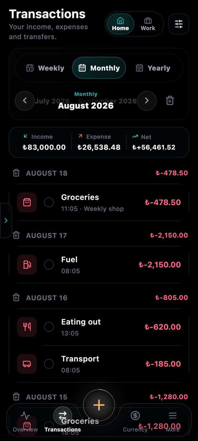 ParaNabız Transactions screen: list of income, expense and transfer records.